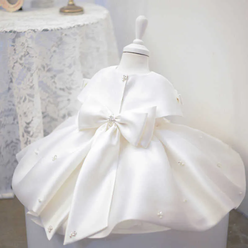 Girls Elegant Dresses For Baby Children Princess Flower Girl Pearl Bow Kids Formal Wedding Party Christening Ball Gown 210615