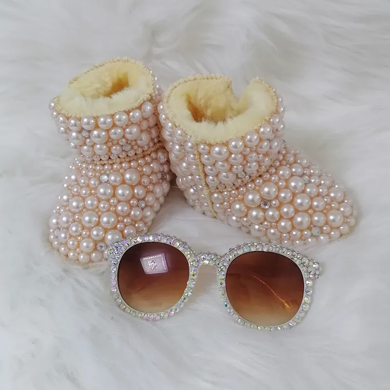 Cristales Perlas Bebé Birls Diadema Botas de nieve Rhinestones Zapatos infantiles Gafas de sol Decoración brillante Invierno Regalo de Navidad 220301
