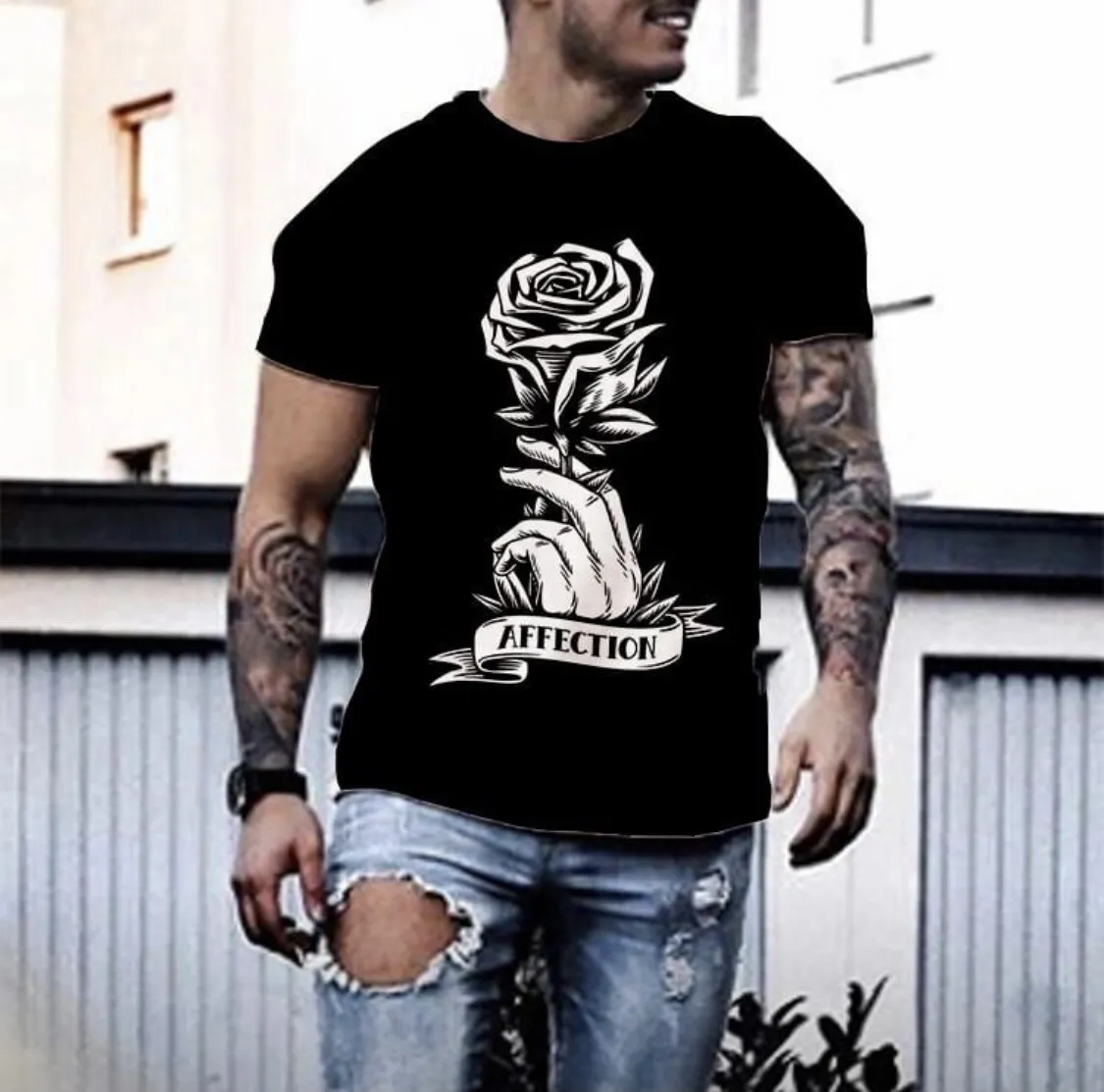 T-shirt manches courtes col rond pour hommes, européen et américain, impression 3D, crâne, main, rose, tendance de rue, 2021