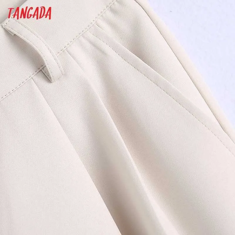 Tangada Moda Donna Elegante Beige Pantaloni da completo Pantaloni Tasche Bottoni Office Lady Pantaloni Pantalon BE707 210609