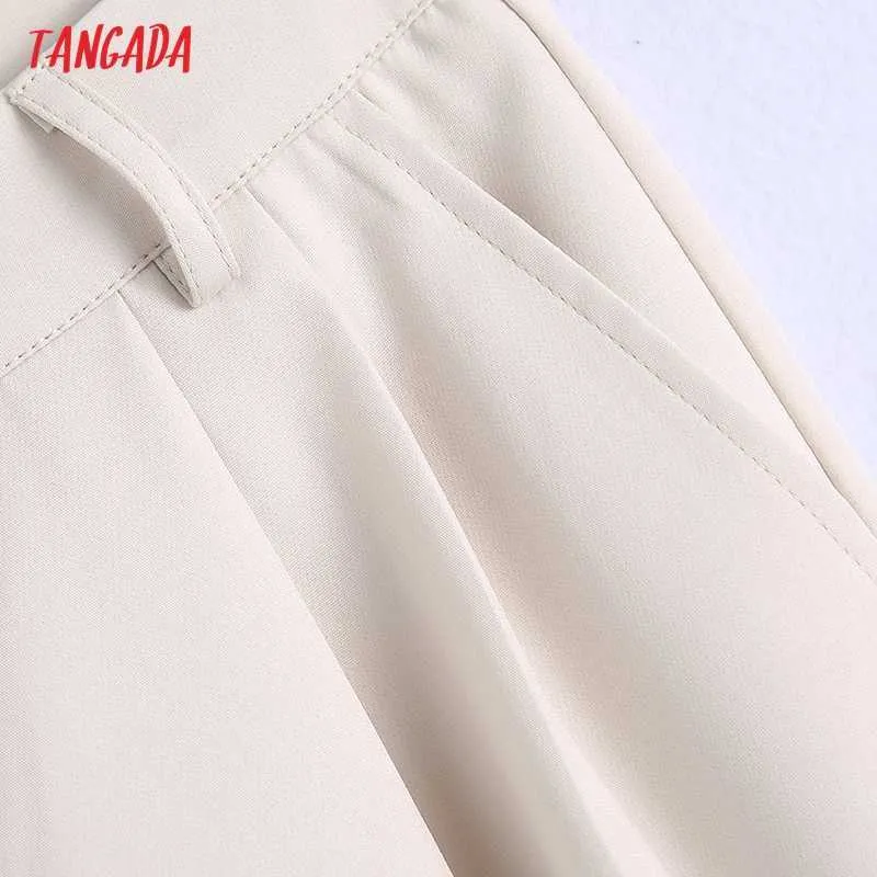 Tangada Mode Frauen Elegante Beige Anzug Hosen Hosen Taschen Knöpfe Büro Dame Hosen Pantalon BE707 210609