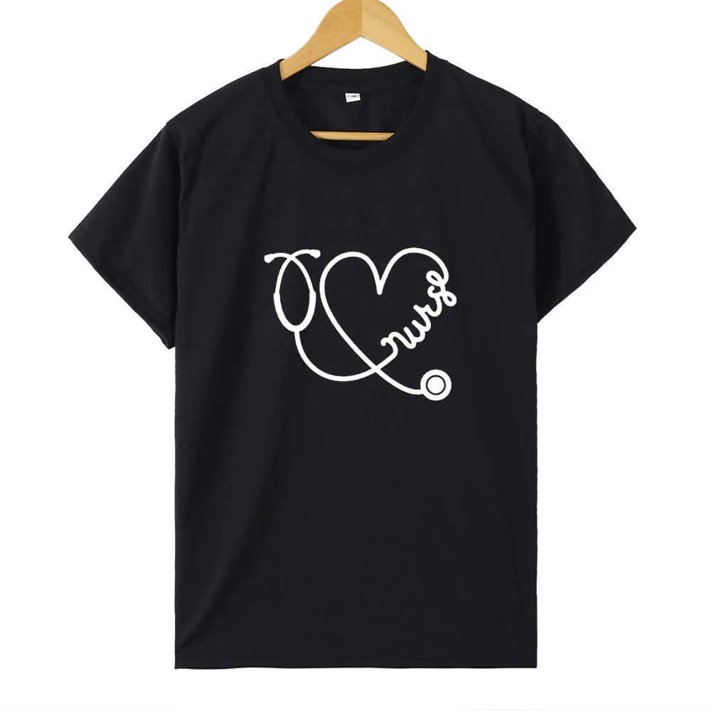 Sjuksköterska Stetoskop Hjärta Tryck Kvinnor T Shirt Kortärmad O Neck Loose Women Tshirt Ladies Tee Toppar Kläder Camisetas Mujer X0527