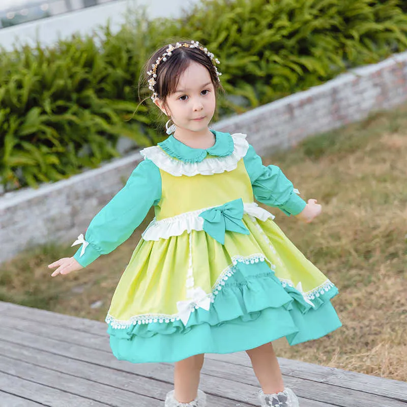 Espagnol bébé fille lolita princesse robe de bal infantile à manches longues anniversaire occasionnels robe enfants vert col Peter Pan robes 210615