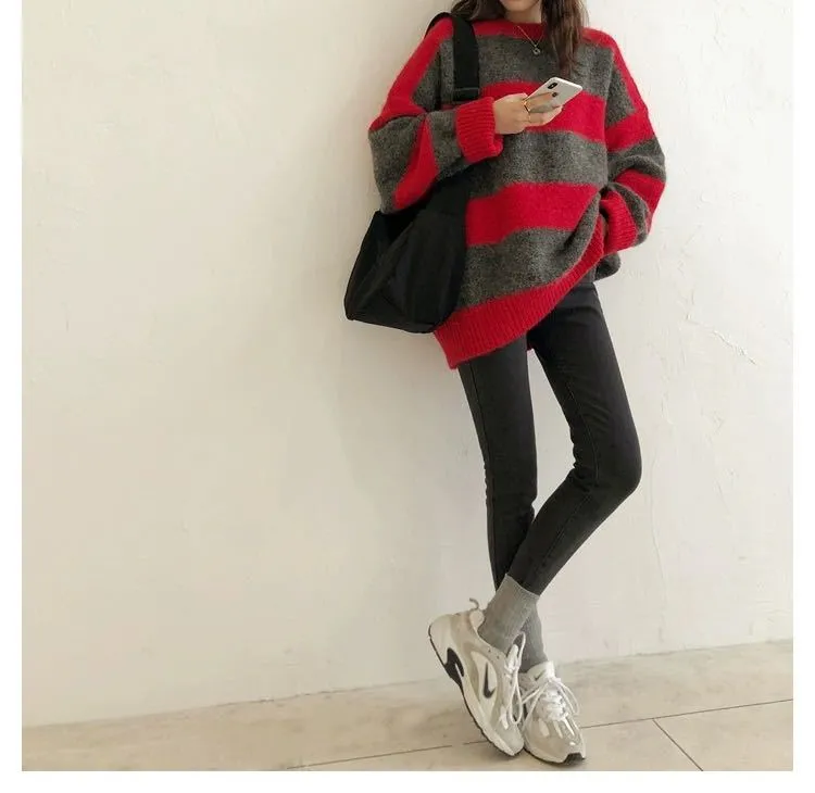 H.SA Frauen Casual Pullover Lose Syle Chic Femme Gestreiften Oversize Jumper Koreanische Off Schulter Kawaii Pull Pullover 210417