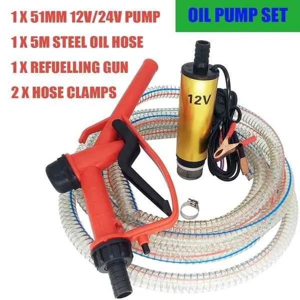 DC 12V / 24V Bijtanken Gun combinatie Set Elektrische 5 METER Steel Oil Slang Dompelbare Brandstofpomp