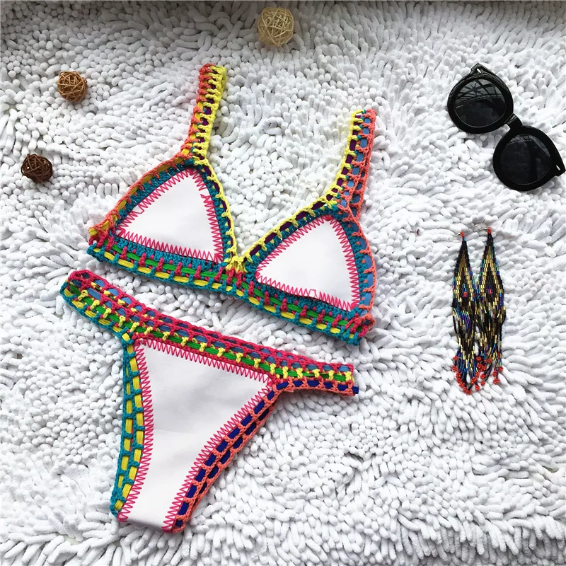 Crochet Swimwear for Female Knitted Swimsuits Neoprene Bikini Beachwear Boho Style Swimsuit Two Pieces Bathng Suits 220221