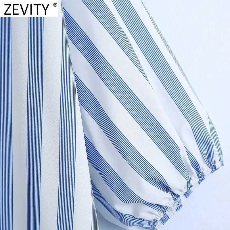 Zevity Women Sweet Peter Pan Collarストライププリントカジュアルシャツオフィスレディランタンスリーブブラウスシック夏Blusas Tops LS9158 210603