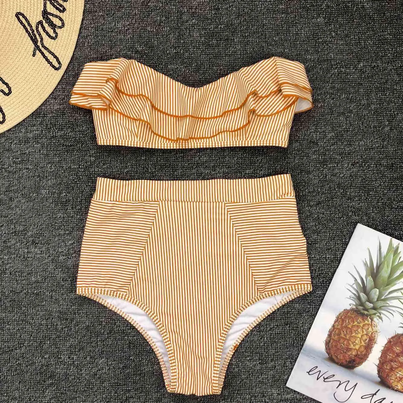 Sweet Green Striped rugle Bikini Off Push-Up Boho Высокая талия Купальник без бретелек в двух частях Купальники Beachwear 210429