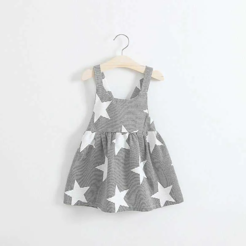 Summer Girl Dress Star Sun Moon Print Black White Stripe Backless Beach Odzież dziecięca 2-7y E3065 210610