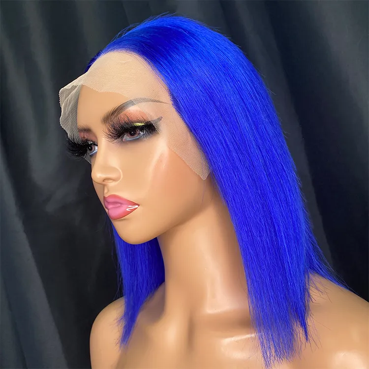 Couleur bleu droite Bob perruque courte 13x4 dentelle avant perruques de cheveux humains partie centrale vierge brésilienne