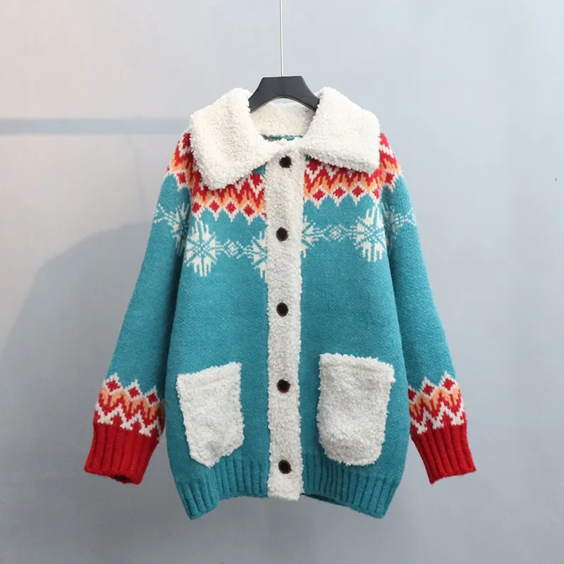 H.SA femmes pull polaire et Cardigans Style Long Vintage noël décontracté hauts grande poche chaud géométrique tricot veste 210417