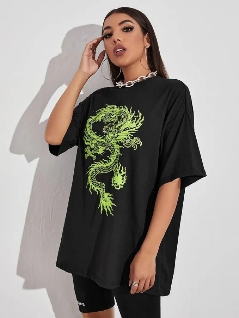 Moda T-shirt Funny Dragão Chinês Aesthetic Tshirt Unisex mais Tela Gráfica Loose Cópia T-shirt Manga Curta Tumblr Harajuku Tee 210518