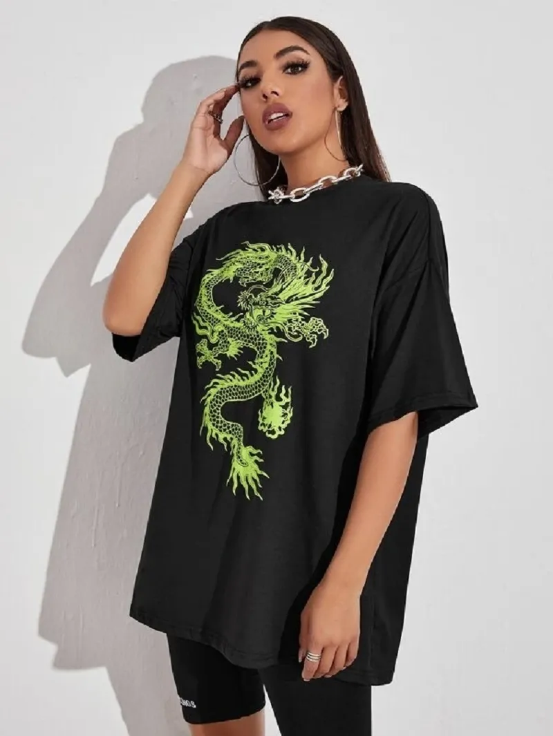 T-shirts de mode Drôle Dragon Chinois Esthétique T-shirt Unisexe Plus Lâche Graphique Sérigraphie T-shirts À Manches Courtes Tumblr Harajuku Tee 210518