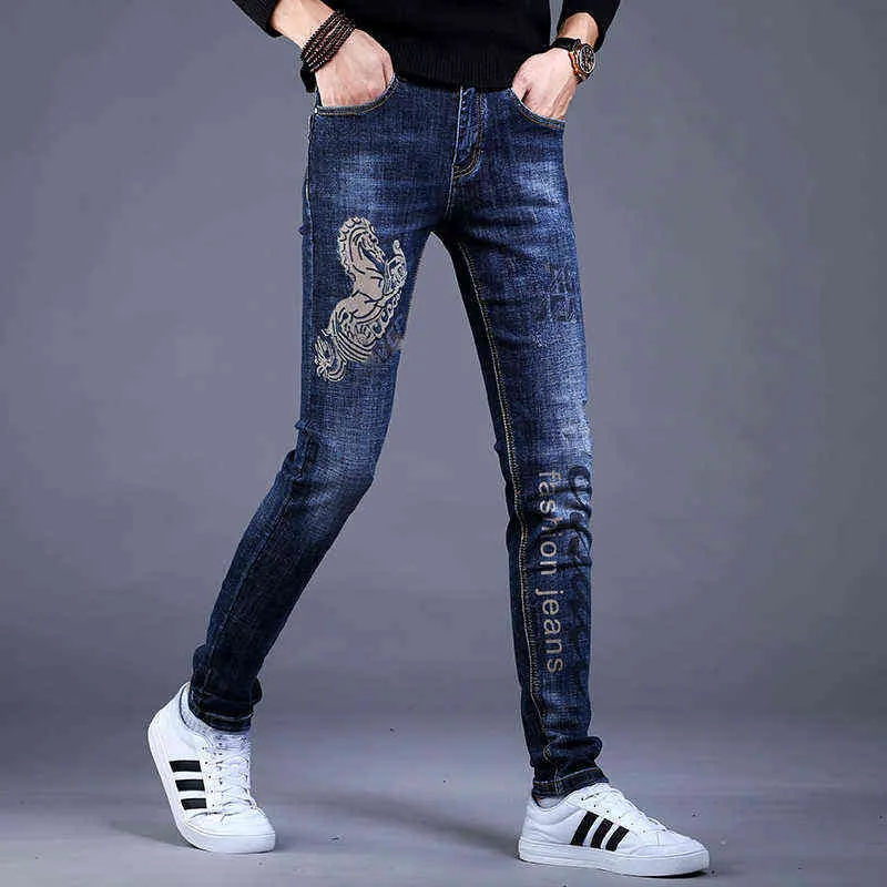 Pantaloni in denim con stampa alla moda da uomo, jeans casual lavati slim fit, jeans in denim elastico di alta qualità, must della moda ragazzi giovani; 211120