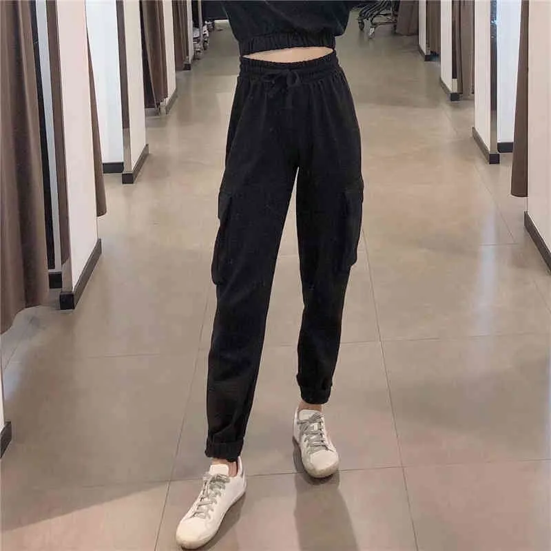 원인 여성 솔리드 카곤 바지 패션 숙녀 탄성 하이 허리 긴 바지 Streetwear 여성 세련된 포켓 스포츠 바지 210427