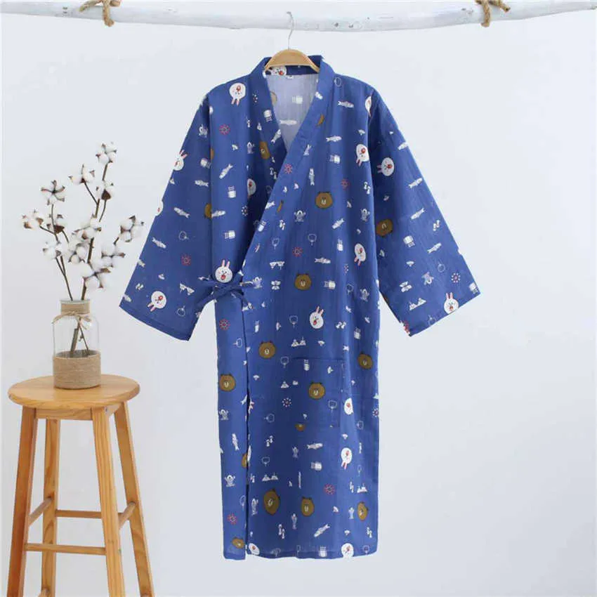 Leichte japanische Baumwollroben für Frauen Atmungsaktive Kimono-Pyjamas Yukata Gaze Langes Kleid Nachtwäsche Lounge Loose Style 210831