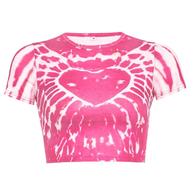 Rosa Dolce Cuore Stampato Y2k Femme T-Shirt da Donna Abbigliamento Estate Tie Dye Crop Top Harajuku Manica Corta Tee Shirt Paisle 210415