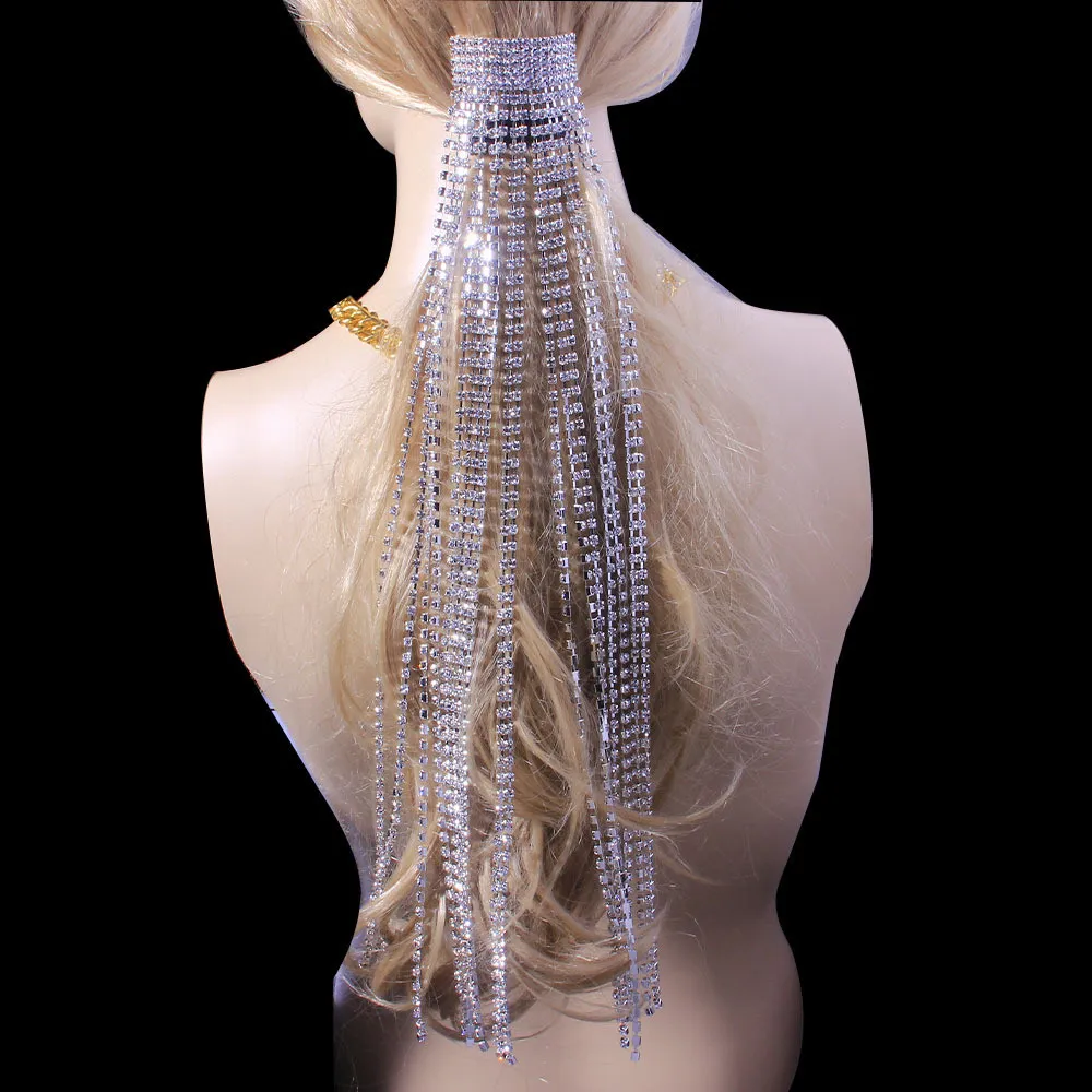 Luxury Rhinesotne Ponytail Long Tassel Accessories Headwear for Women Bling Crystal Hair Comb Pin Head Chain Jewelry9854103