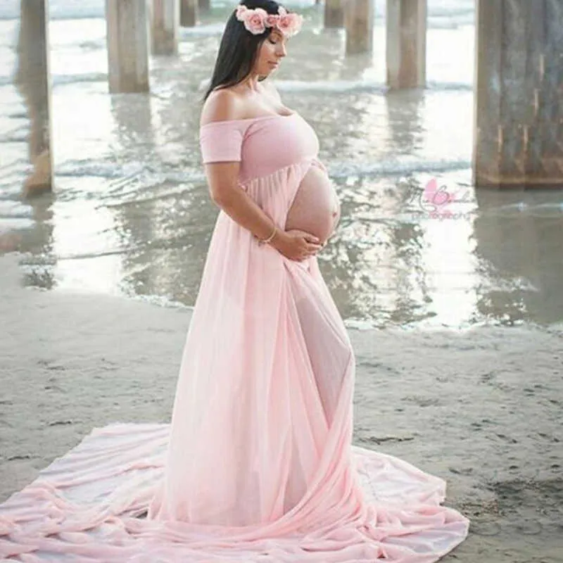 Fashion Gravid Klänningar Solid Färg Maternity Dress Tube Top Chiffon Joint Slit-Front Gravid Maxi Kvinnor Mopping Long Gown Y0924
