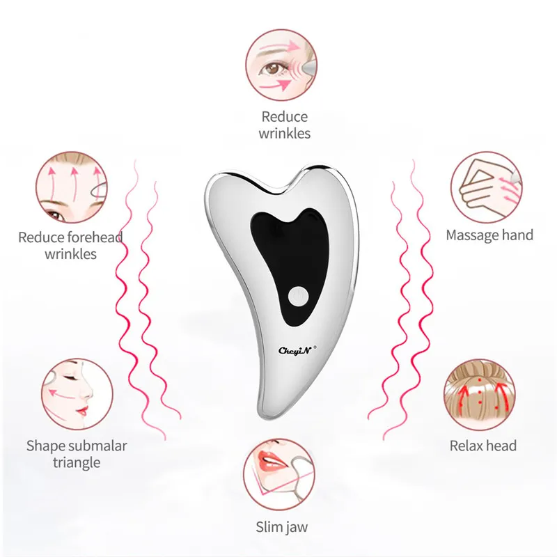 Massaggiatore facciale elettrico Riscaldato Vibrante Gua Sha Face Lifting Massaggio Terapia della luce a LED Dispositivo di bellezza rassodare la pelle