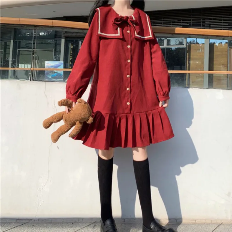 Ezgaga Preppy Style Sweet Girl Dress Loose Long Puff Sleeve Sailor Collar Lace Up Japanese Style Pleated Dress Women Kawaii 210430