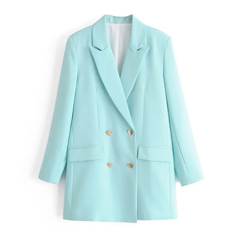 Projektant mody Blazer Kurtka damska Podwójna Metalowe Przyciski Blazers Blue Office Wear Suit Feminino 210430