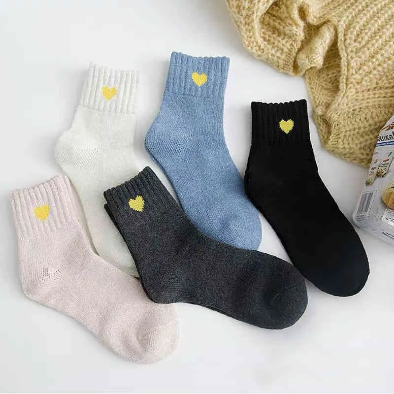 Johnature Autumn Winter Warm Thick Comfortable Breathable Ladies Wool Solid Color Plaid Women Socks 210521