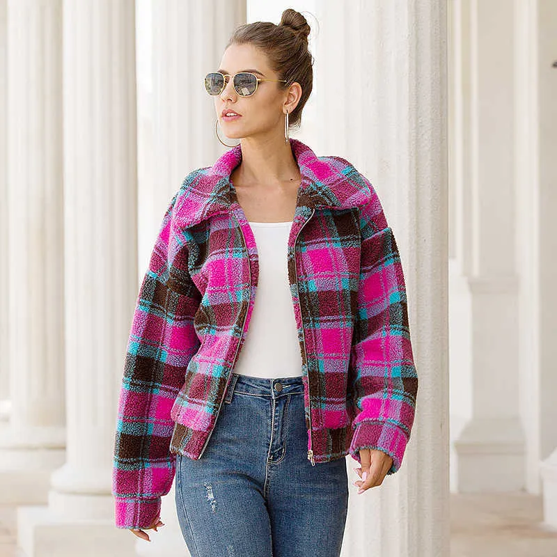 Ly Varey Lin Winter Vintage Plaid Lambswool Loose Jackets Turndown Collar Zipper Tjock varm Kort Kaka Kvinna Lamm Fur Outwear 210526