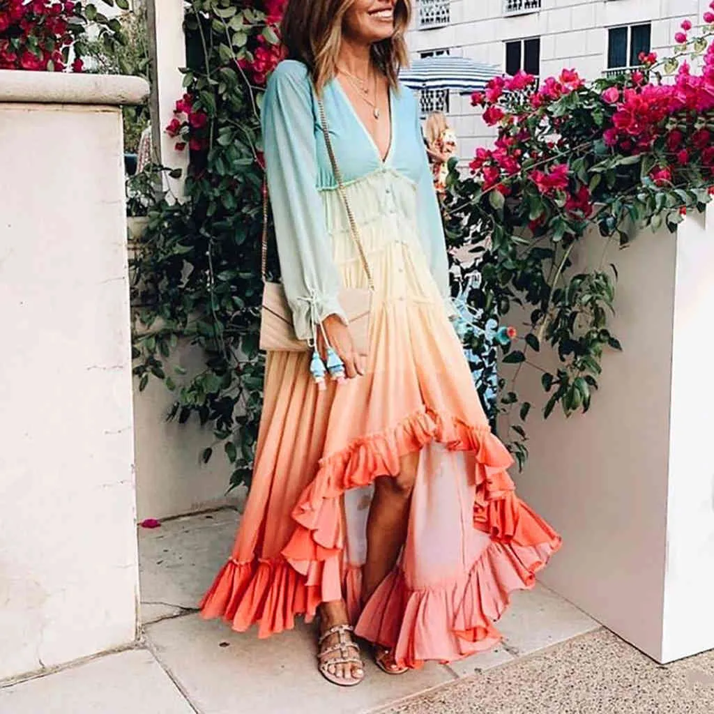 Women Summer Boho Maxi Dress Rainbow Gradiented Long Sleeve Fashion Beach Dress Button Fold Loose Casual Dress Vestidos #GH X0521