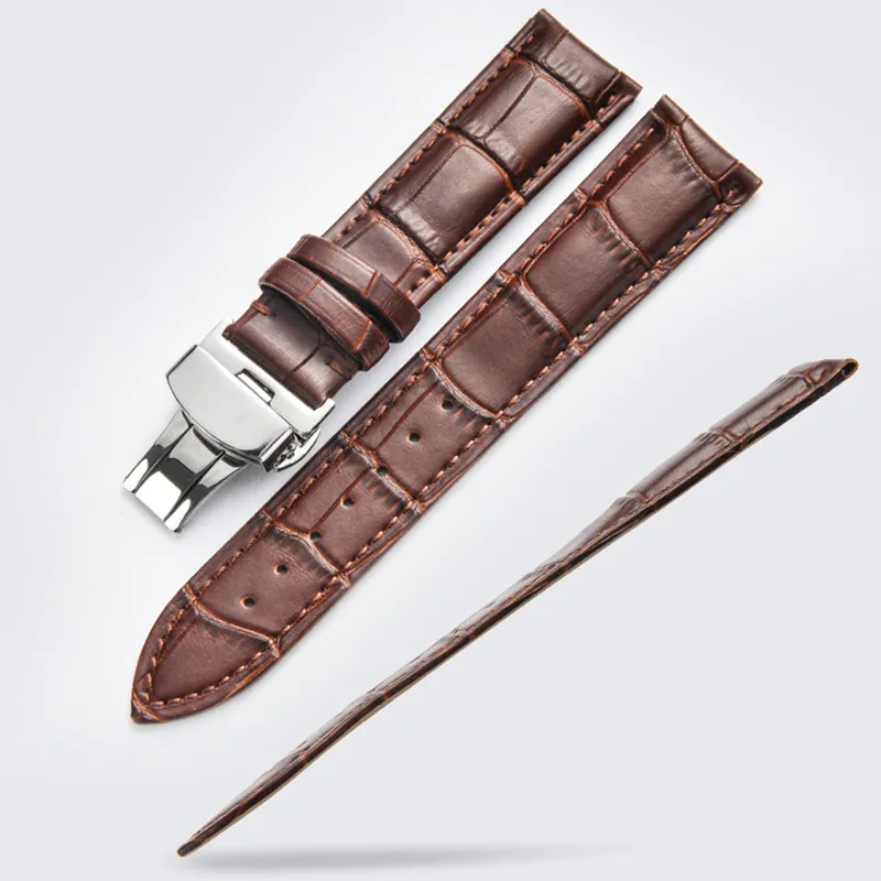 Uniwersalne pasma jakości pasują do paska Rolex Button Ukryte zapięcie podwójnie naciśnięcie motyla skórzana zegarek Brown 20 mm266i2273