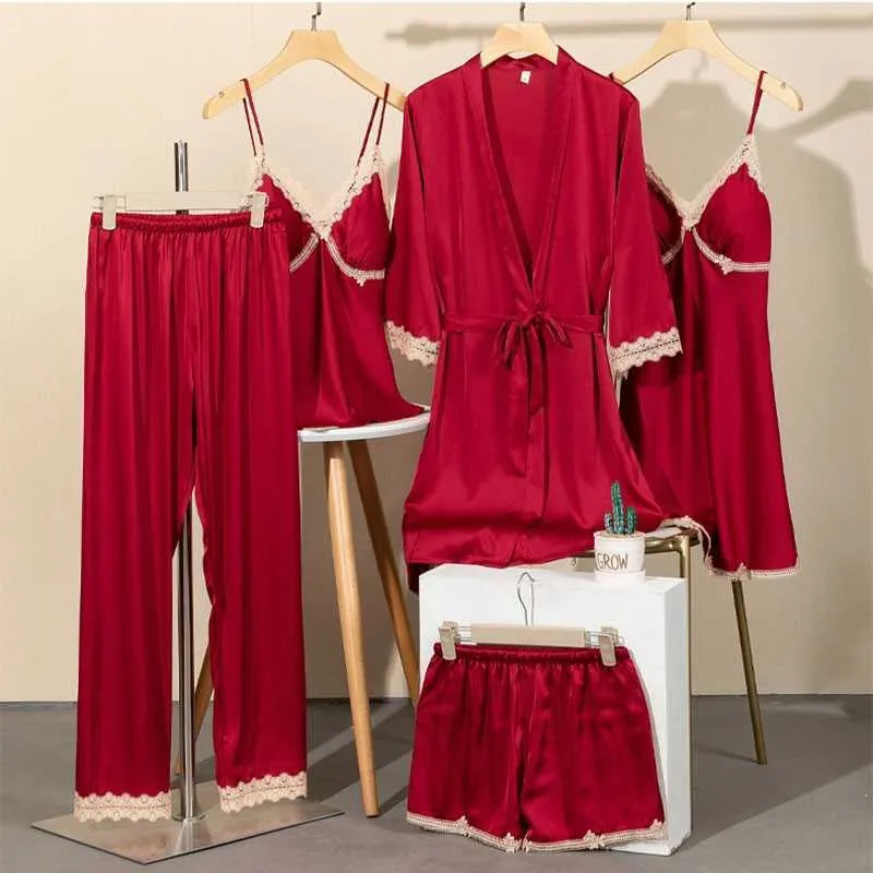 Kvinnor Orange Pyjamas Set Sexig Lace Trim Sleepwear Femme Satin Sova Set Casual Pijamas Suit V-Neck Loungewear Hemkläder Q0706