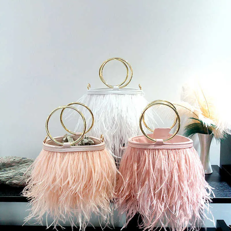 Women PU Party Colorful Feather Day Clutches Chains Tassel Tote Luxury Bucket Evening Bag For Wedding Female Real Fur Handbag Q0706554581