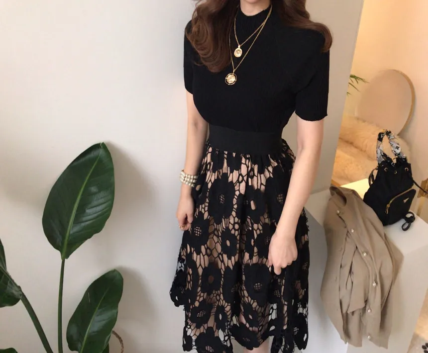 Korean Fashion Two Piece Set Women Black Knitted Tops + Hollow Long Skirt Suits Elegant Vintage Female 2 Matching 210513