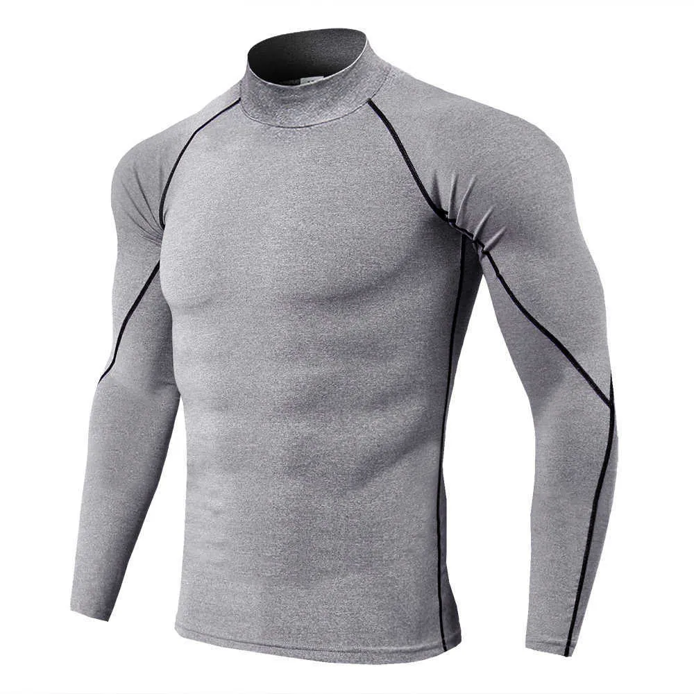 Hög krage kompressionskjortor män bodybuilding sportkläder t-shirt långärmad topp gym t-shirt fitness tight rashgard 210629