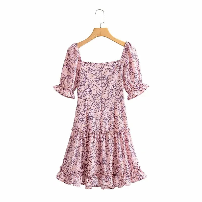 Casual vrouw paarse ruches chiffon mini jurk zomer mode dames bladerdeeg mouw jurken vrouwelijke A-lijn rits 210515