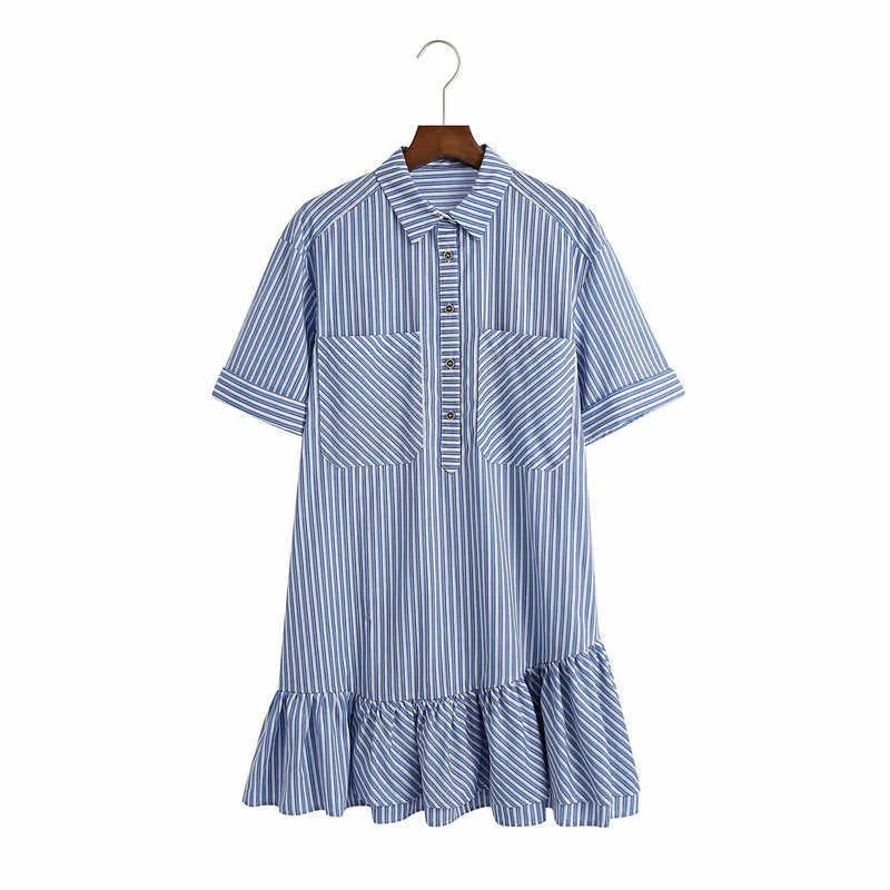 Za bleu rayé à volants Mini robe femmes à manches courtes bouton Up décontracté rétro robes femme mode poches plaquées Vestidos 210602