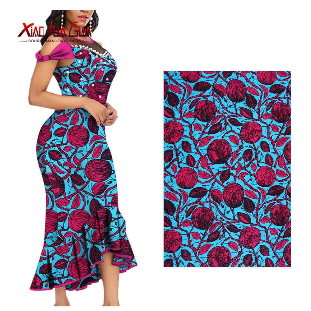 Tissus africains de cire de haute qualité Pure Floral Batik Imprimer des deux côtés Multicolor Polyester Couture Crisp Party Dress Set 210702