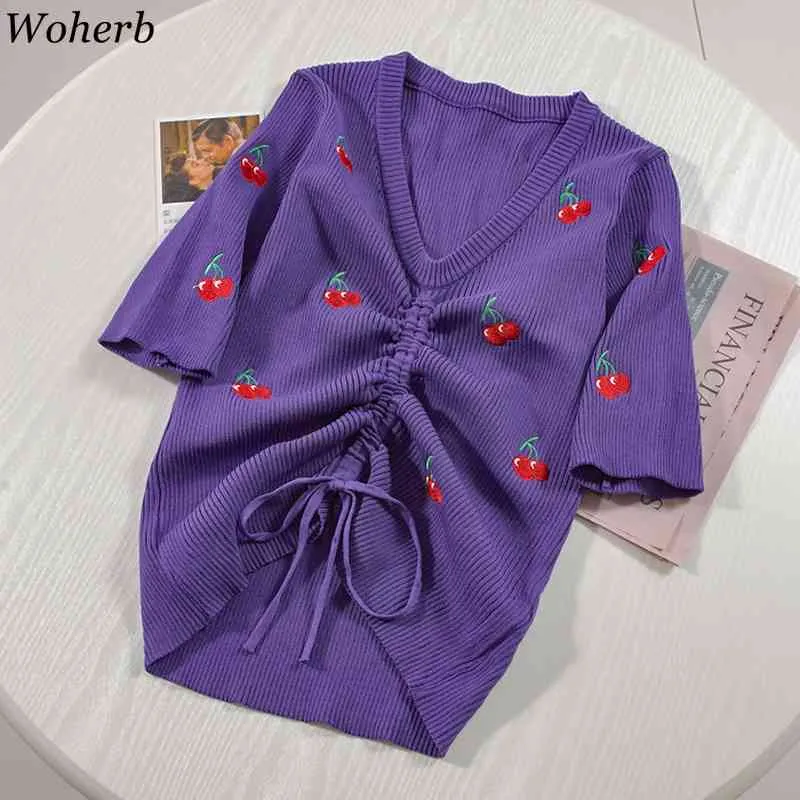 Kobiety Koszulki Sznurek Knitting Tops Cherry Drukuj V-Neck Krótki Rękaw Swelty T Shirt Koreański Lato Blusa 210519