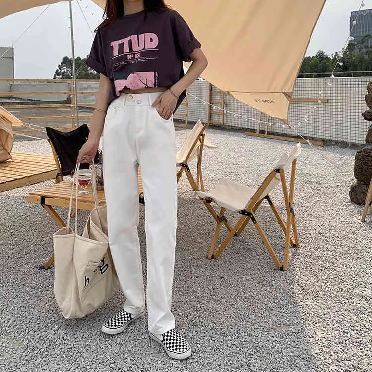 SML zomer Koreaanse ins stijl losse vrouwen lange witte denim broek hoge taille brede been jeans voor dames SY8770 210423