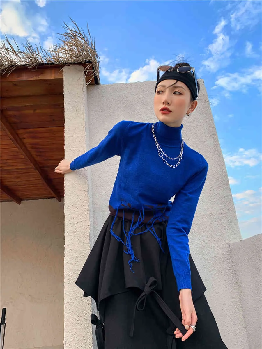 Rollkragenpullover für Frauen Mode blau Pullover Langarm Fransen Pullover Winter warme gestrickte Strickwaren 210427