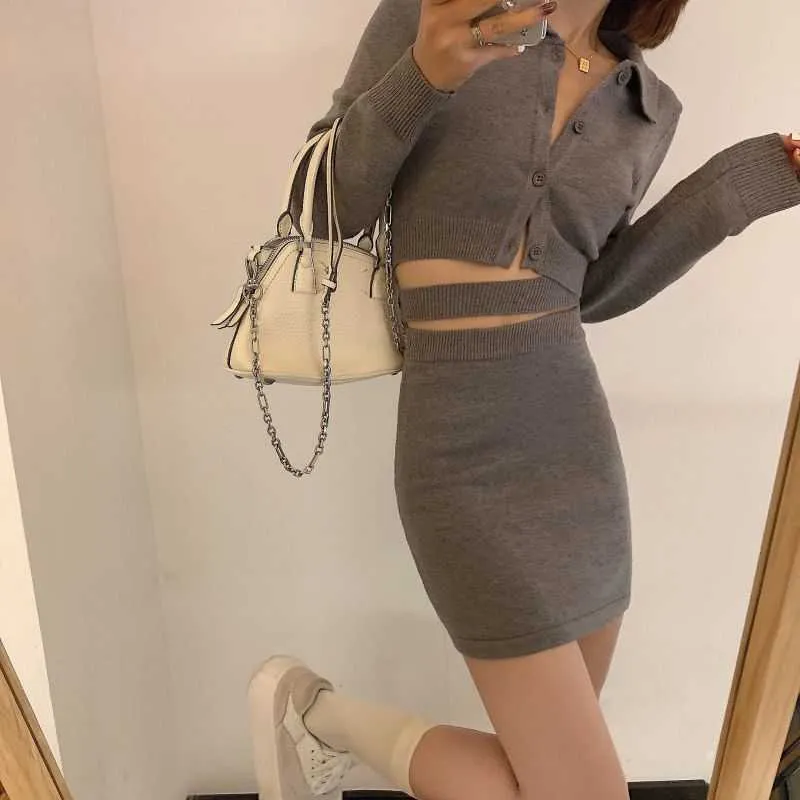 Kobiety Dzianiny Bandaż Mini Sukienka Z Długim Rękawem Wysoka Talia Hollow Out Polo Neck Pojedyncza Body Bodycon 210709