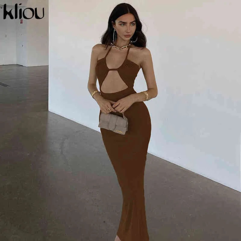 Kliou Solid Vintage Maxi Jurk Bodycon Halter Bandage Clevage Holle Kleding Hipster Sexy Midnight Party Streetwear Hot Y1204