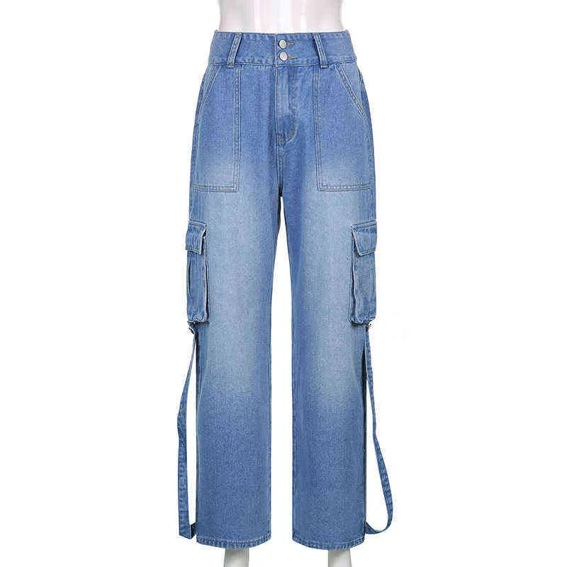 Y2K Bleu Droite Jeans Femmes Vintage Cargo Denim Pantalon De Mode Taille Haute Harajuku Patchwork Cousu Années 90 Esthétique Lâche Jean 211129