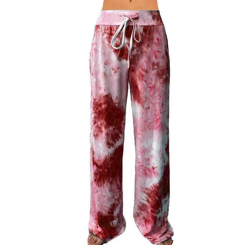 Tie Dyed Print Wide Leg Pants Women Stretch Mid Waist Lace Up Pocket Loose Sports Trousers Summer Female Lounge Plus Size 210526