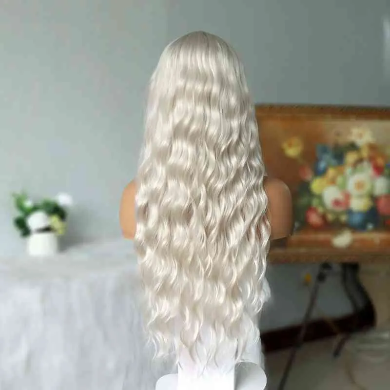 Platinum blond syntetiska spets peruker 24 tum lång kroppsvåg syntetisk peruk vit vågig spets peruker för kvinnor 2201211502271