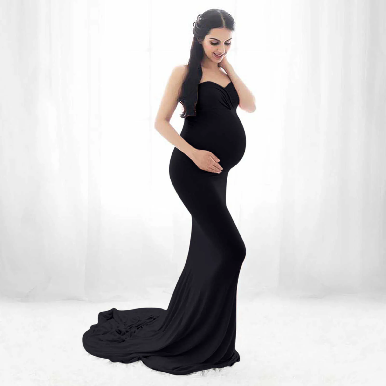 Sem alças elegante Long Maxi Gravidez Foto Shooting Dress Sexy V-Neck Roupas de Maternidade para Mulheres Grávidas Fotografia Pôsteres X0902