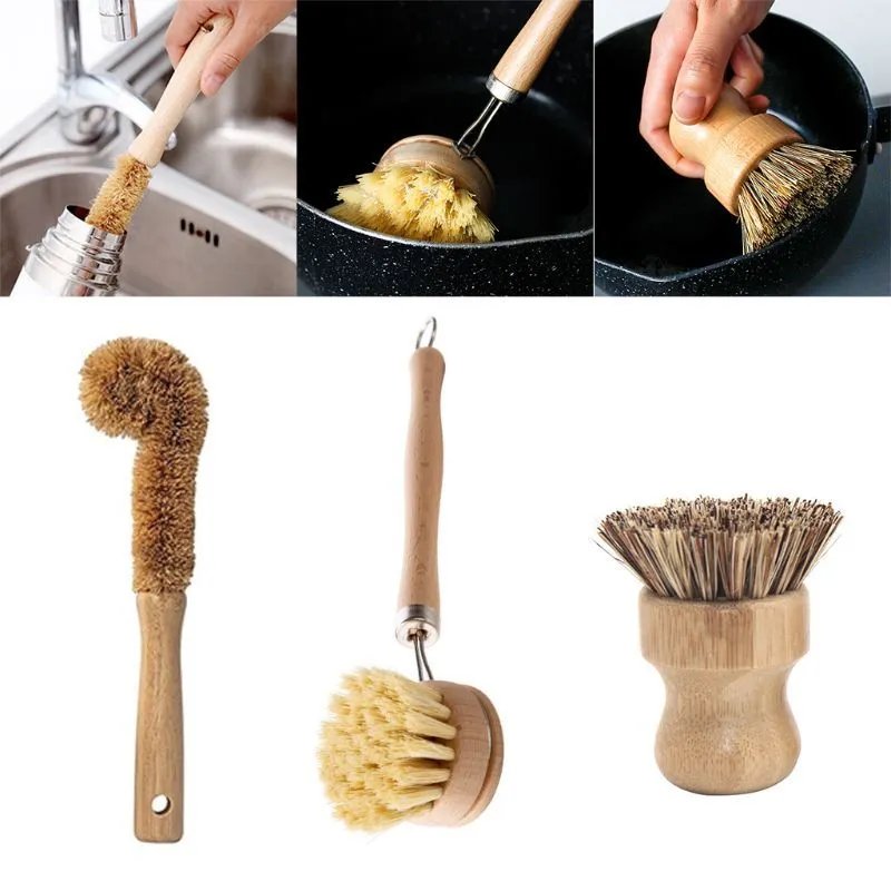 Ensemble de nettoyage à base de plantes, ensemble de brosses à récurer de cuisine en bambou de 4 vaisselle propre peut bouteille pot/friture P 210329