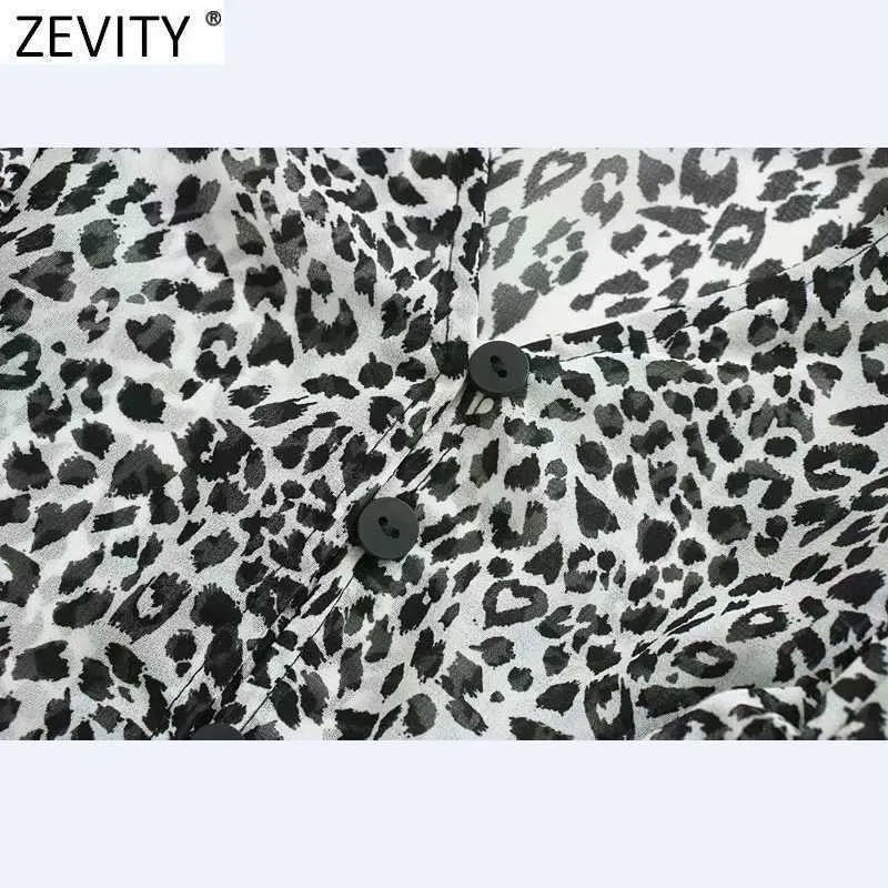 Zevity Women Vintage Vネックヒョウプリントショートスモックブラウス女性プリーツフリルキモノシャツシッククロップBlusas TOPS LS9359 210603