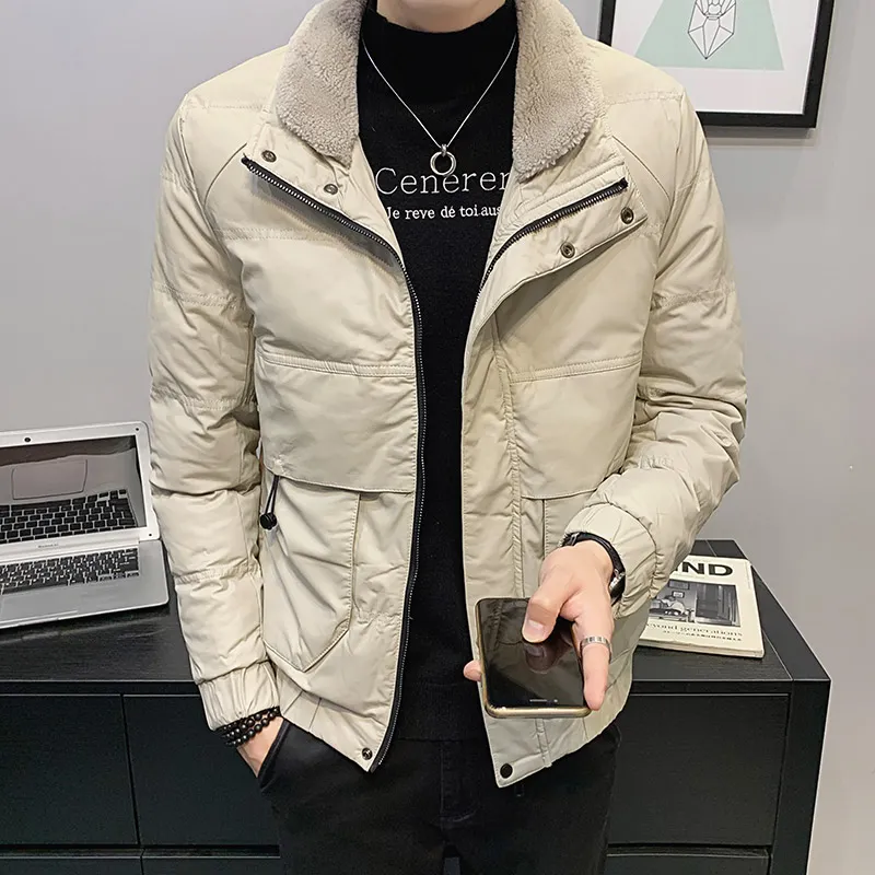 Parkas de invierno para hombre, solapa de piel de cordero, piel sintética, algodón, moda para hombre, chaquetas de invierno cortas y ajustadas, abrigo, ropa informal para hombre