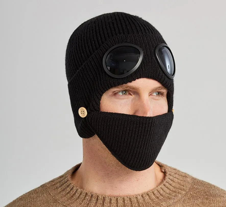 Pilot glazen muts voor mannen en vrouwen schedel caps met masker pluche dikke wollen hoeden winter winddicht gebreide dop